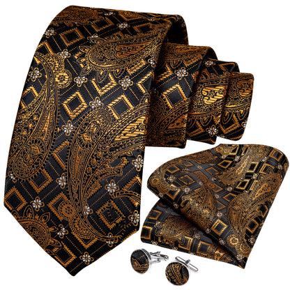 Gold Paisley Necktie Mens Party Silk Tie Pocket Square Cufflinks Set