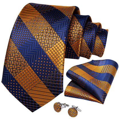 Mens Striped Necktie Formal Gold Purple Tuexdo Tie Handkercheif Cufflinks Set