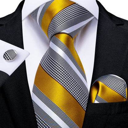 Gold Striped Tie Mens Business Silk Necktie Pocket Square Cufflinks Set