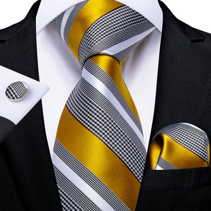 Gold Striped Tie Mens Business Silk Necktie Pocket Square Cufflinks Set