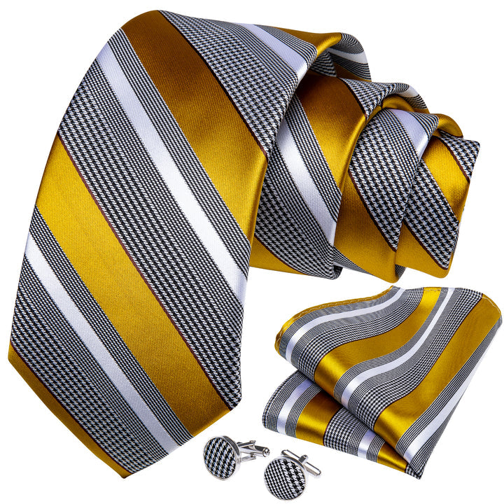 Gold Striped Tie Mens Business Silk Necktie Pocket Square Cufflinks Set
