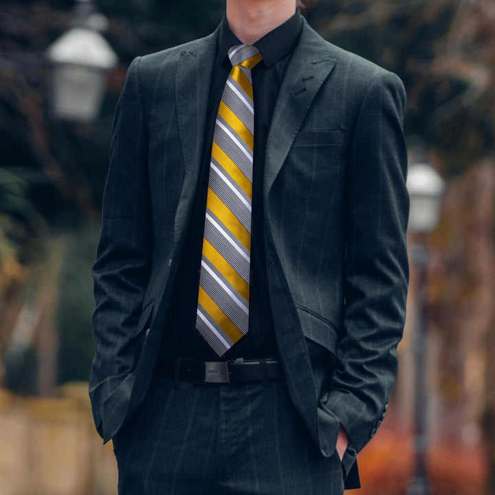 Gold Striped Tie Mens Business Silk Necktie Pocket Square Cufflinks Set