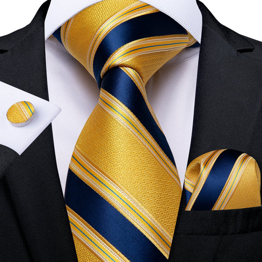 Striped Tie Light Yellow Blue Men's Necktie Pocket Square Cufflinks Set
