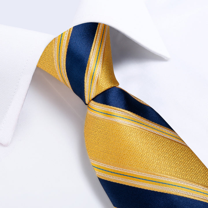 Striped Tie Light Yellow Blue Men's Necktie Pocket Square Cufflinks Set