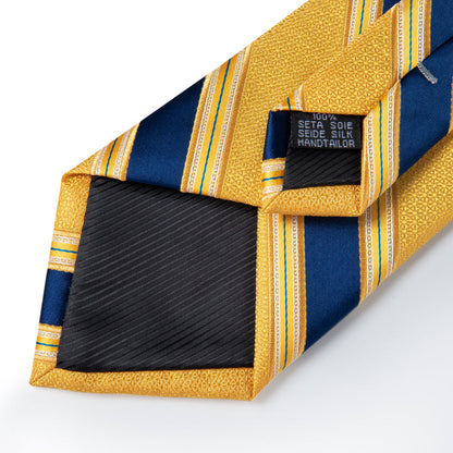 Striped Tie Light Yellow Blue Men's Necktie Pocket Square Cufflinks Set