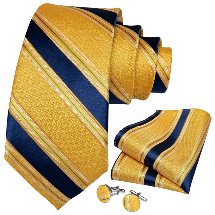 Striped Tie Light Yellow Blue Men's Necktie Pocket Square Cufflinks Set