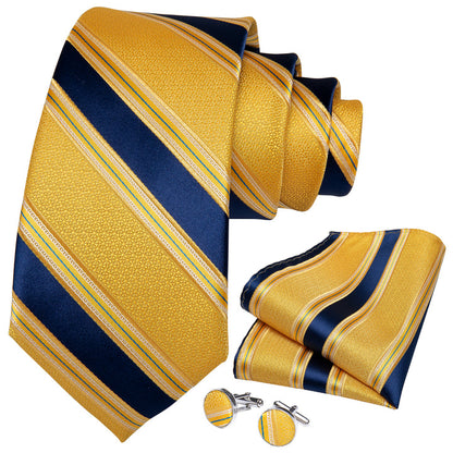 Striped Tie Light Yellow Blue Men's Necktie Pocket Square Cufflinks Set