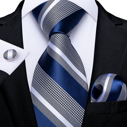 Blue Striped Tie Mens Business Silk Necktie Pocket Square Cufflinks Set