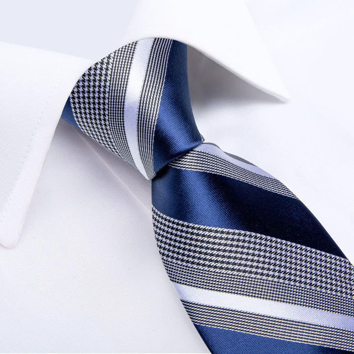 Blue Striped Tie Mens Business Silk Necktie Pocket Square Cufflinks Set