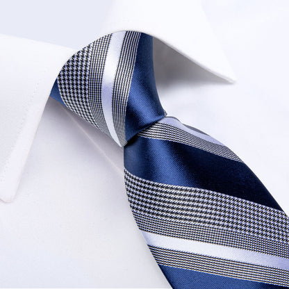 Blue Striped Tie Mens Business Silk Necktie Pocket Square Cufflinks Set