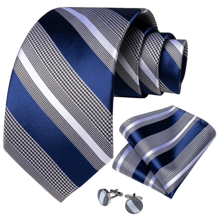 Blue Striped Tie Mens Business Silk Necktie Pocket Square Cufflinks Set