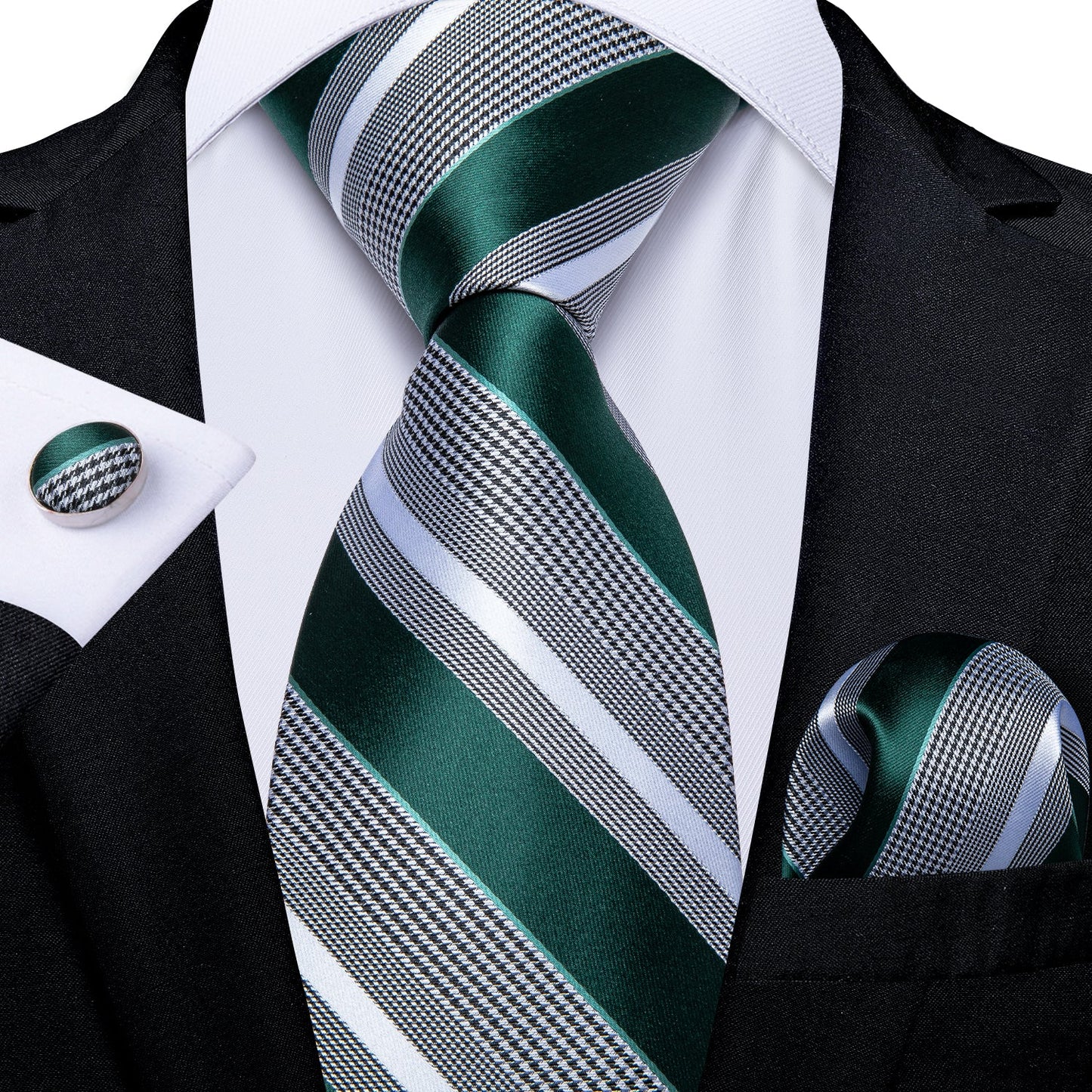 Mens Formal Tie Hunter Green Striped Necktie Pocket Square Cufflinks Set