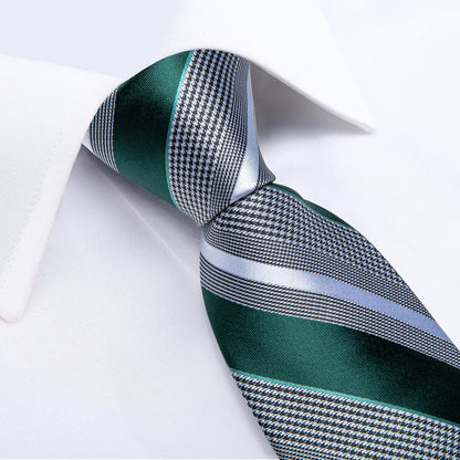 Mens Formal Tie Hunter Green Striped Necktie Pocket Square Cufflinks Set