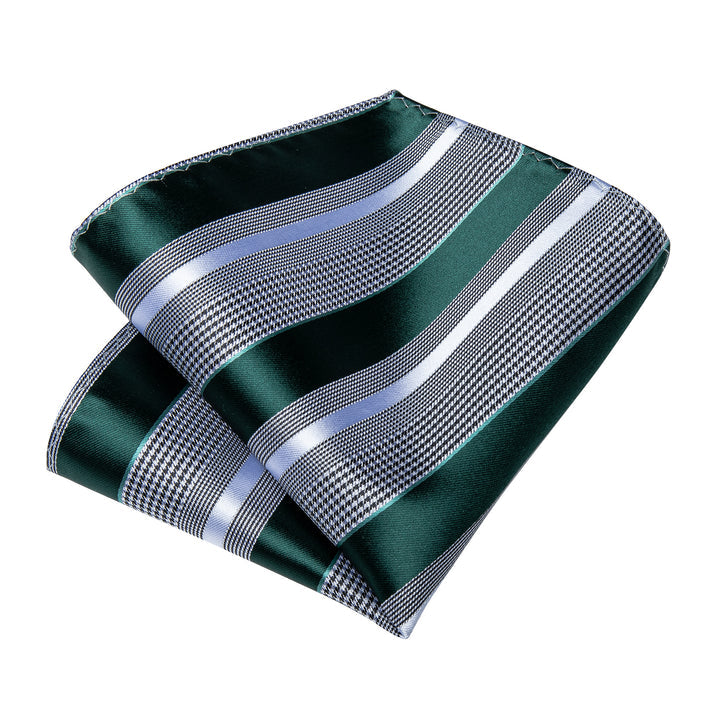 Mens Formal Tie Hunter Green Striped Necktie Pocket Square Cufflinks Set