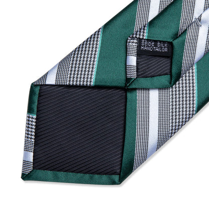 Mens Formal Tie Hunter Green Striped Necktie Pocket Square Cufflinks Set