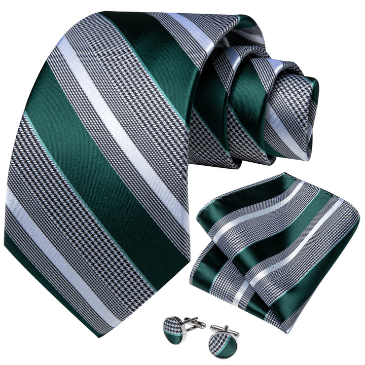 Mens Formal Tie Hunter Green Striped Necktie Pocket Square Cufflinks Set