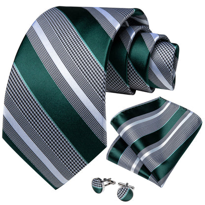 Mens Formal Tie Hunter Green Striped Necktie Pocket Square Cufflinks Set