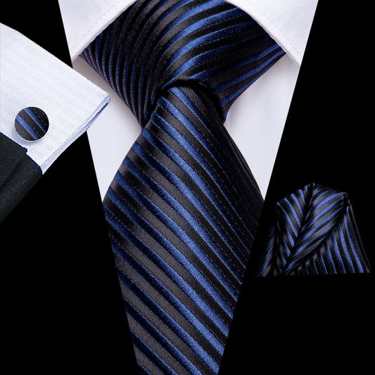 Business Striped Tie for Men Navy Blue Silk Necktie Handkercheif Cufflinks Set