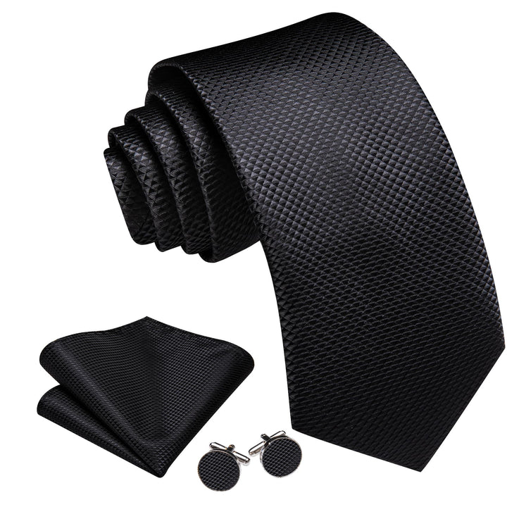 Black Tie Plaid Silk Mens Formal Business Necktie Pocket Square Cufflinks Set