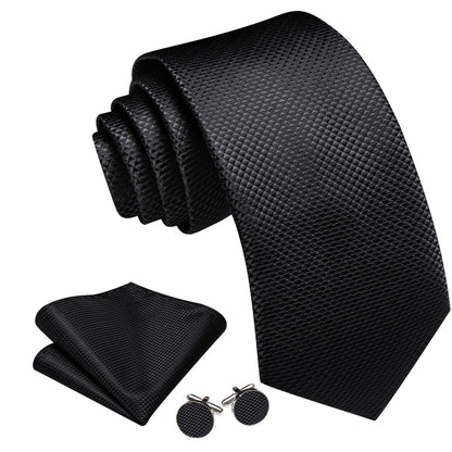 Black Tie Plaid Silk Mens Formal Business Necktie Pocket Square Cufflinks Set