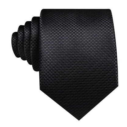 Black Tie Plaid Silk Mens Formal Business Necktie Pocket Square Cufflinks Set