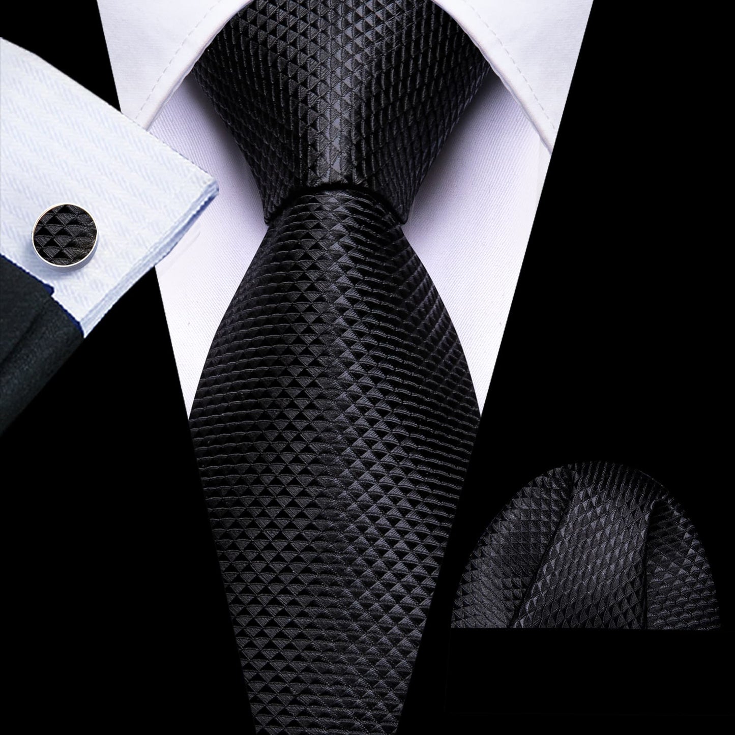 Black Tie Plaid Silk Mens Formal Business Necktie Pocket Square Cufflinks Set