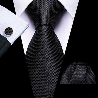 Black Tie Plaid Silk Mens Formal Business Necktie Pocket Square Cufflinks Set