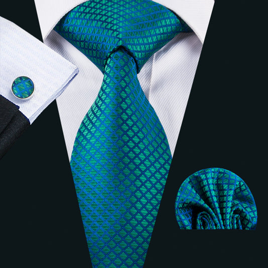 Teal Blue Plaid Tie Pocket Square Cufflinks Set