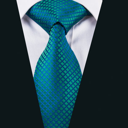 Teal Blue Plaid Tie Pocket Square Cufflinks Set