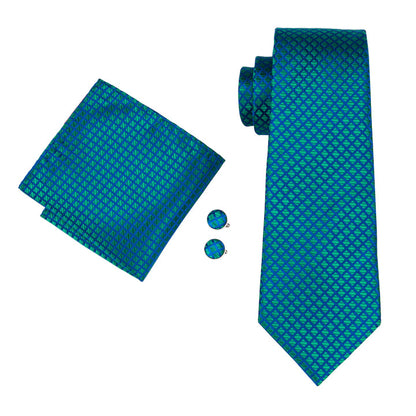 Teal Blue Plaid Tie Pocket Square Cufflinks Set