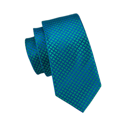 Teal Blue Plaid Tie Pocket Square Cufflinks Set