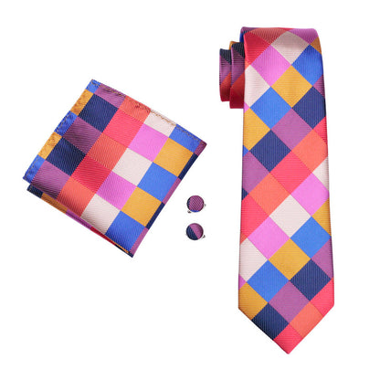Red Blue Plaid Tie Pocket Square Cufflinks Set