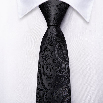 Silk Tie Dark Black Paisley Men's Tie Pocket Square Cufflinks Set