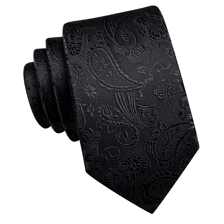 Silk Tie Dark Black Paisley Men's Tie Pocket Square Cufflinks Set