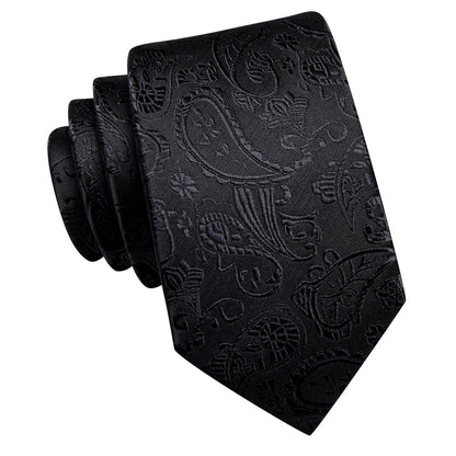 Silk Tie Dark Black Paisley Men's Tie Pocket Square Cufflinks Set