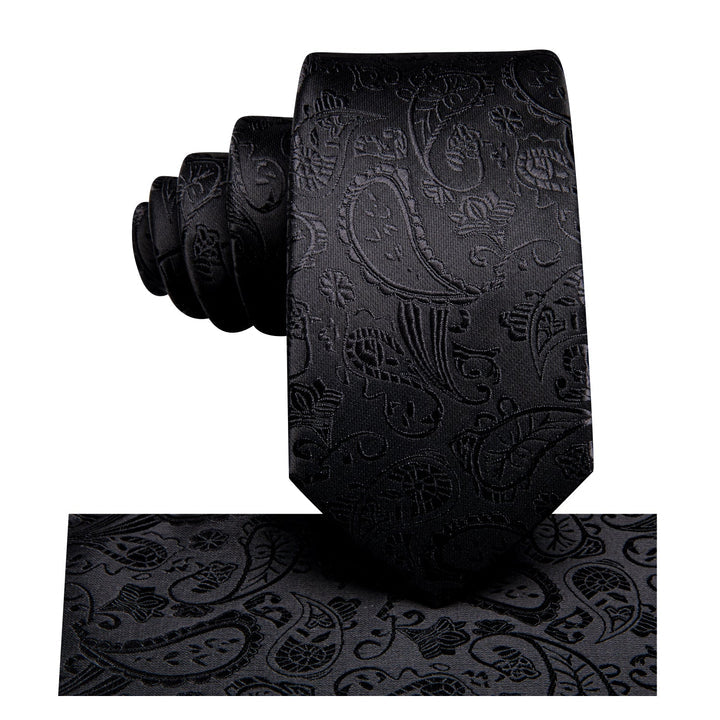 Silk Tie Dark Black Paisley Men's Tie Pocket Square Cufflinks Set