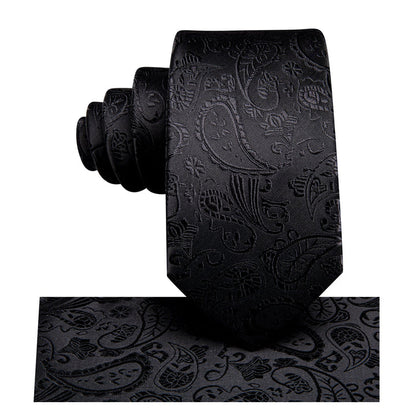 Silk Tie Dark Black Paisley Men's Tie Pocket Square Cufflinks Set