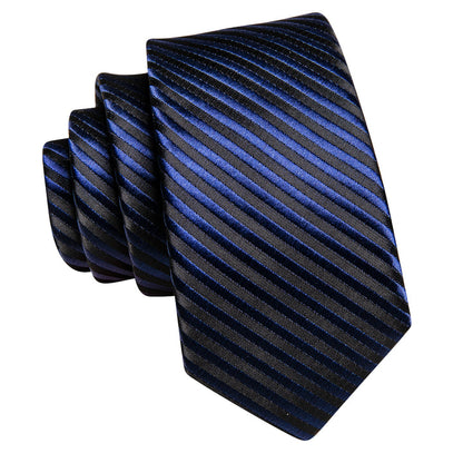 Business Striped Tie for Men Navy Blue Silk Necktie Handkercheif Cufflinks Set
