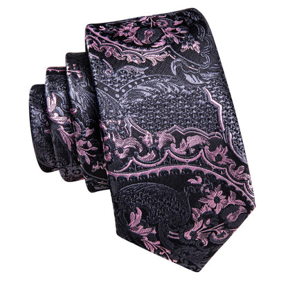 Silk Tie Pink Paisley And Gray Tie Men's Necktie Pocket Square Cufflinks Set For Business