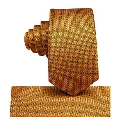 Silk Gold Necktie Plaid Formal Tie Handkerchief Cufflinks Set for Men