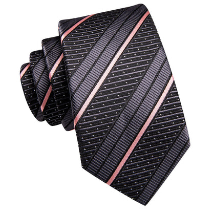 Silk Black Tie Pink Striped Business Necktie Hanky Cufflinks Set