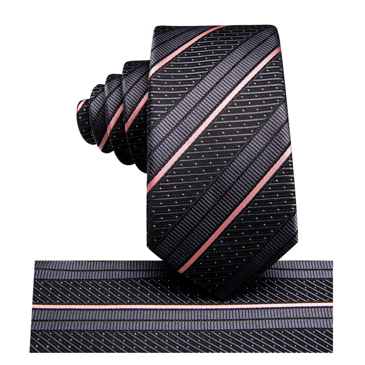 Silk Black Tie Pink Striped Business Necktie Hanky Cufflinks Set