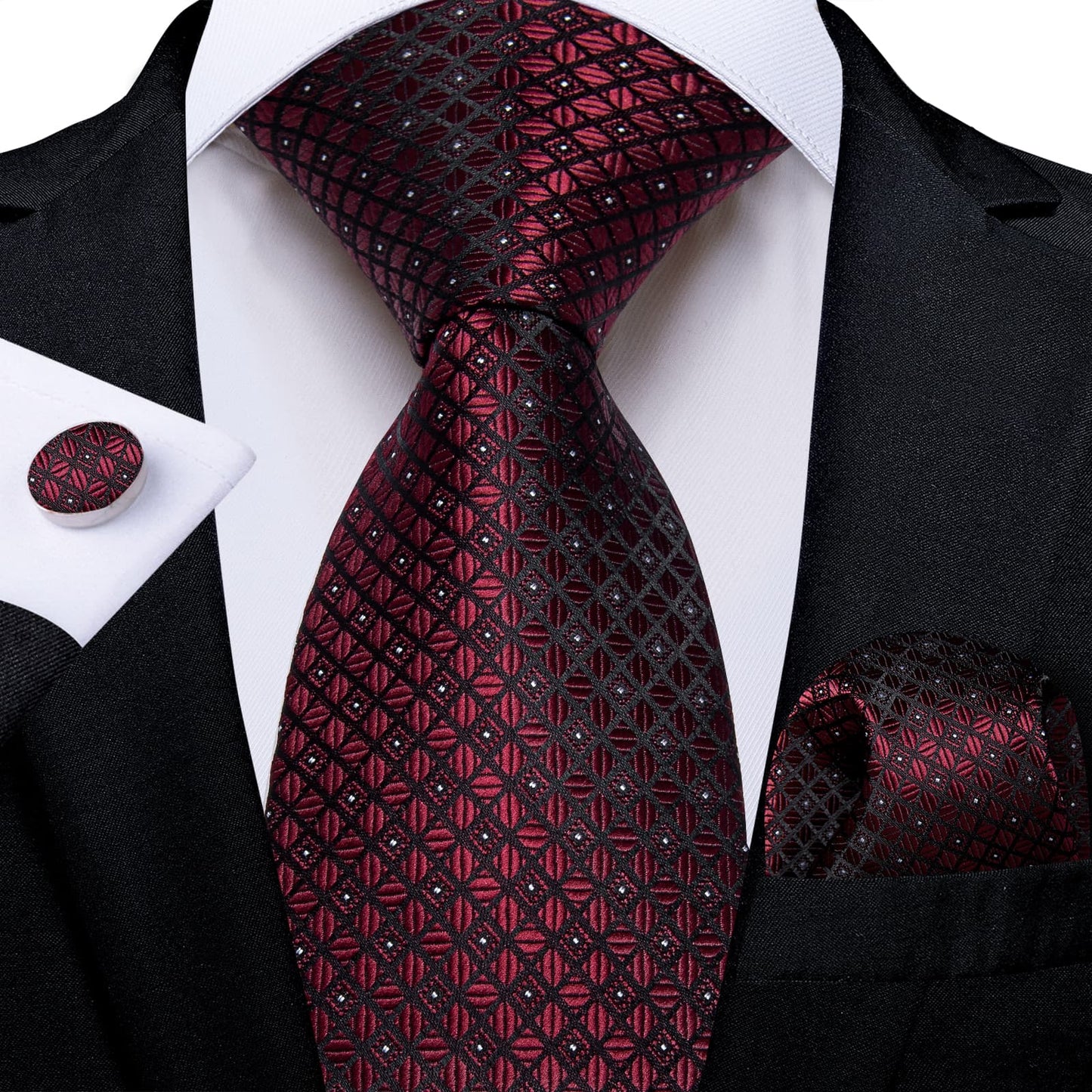 Wedding Tie Burgundy Plaid Silk Mens Tie Handkerchief Cufflinks Set for Tuxedo Dress