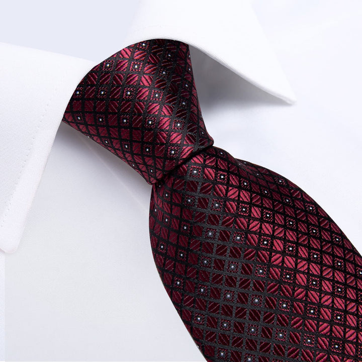 Wedding Tie Burgundy Plaid Silk Mens Tie Handkerchief Cufflinks Set for Tuxedo Dress