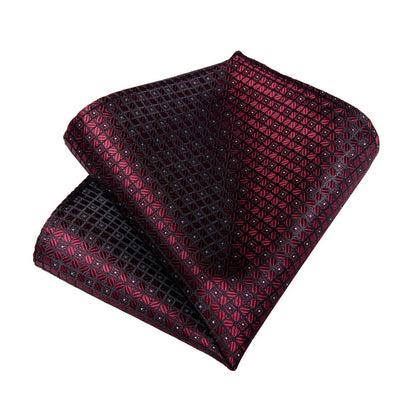 Wedding Tie Burgundy Plaid Silk Mens Tie Handkerchief Cufflinks Set for Tuxedo Dress