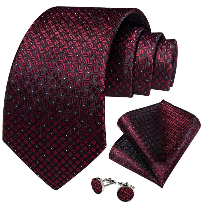 Wedding Tie Burgundy Plaid Silk Mens Tie Handkerchief Cufflinks Set for Tuxedo Dress