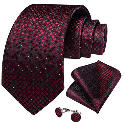 Wedding Tie Burgundy Plaid Silk Mens Tie Handkerchief Cufflinks Set for Tuxedo Dress