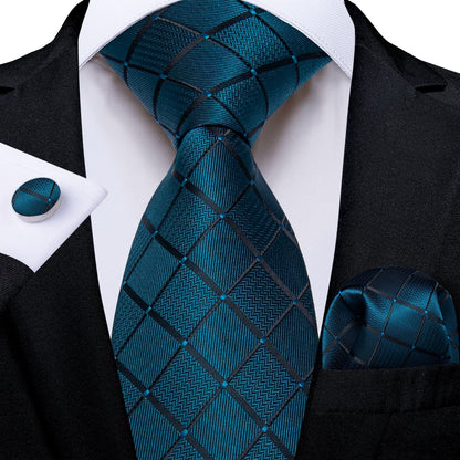 Teal Tie for Men Plaid Business Silk Necktie Pocket Square Cufflinks Set