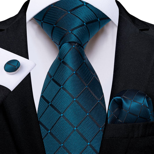 Teal Tie for Men Plaid Business Silk Necktie Pocket Square Cufflinks Set