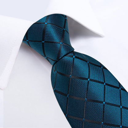 Teal Tie for Men Plaid Business Silk Necktie Pocket Square Cufflinks Set